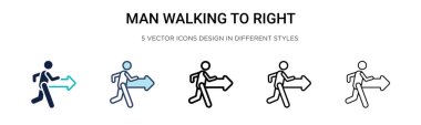 Adam sağ ikona doğru yürüyor, ince çizgi halinde, ana hatlarıyla ve vuruş tarzıyla. Sağ vektör simgelerine doğru yürüyen iki renkli ve siyah adamın vektör illüstrasyonu mobil, ui, web için kullanılabilir
