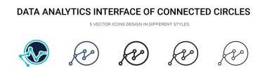 Dolu, ince çizgi, özet ve vuruş tarzında bağlı çemberlerin veri analiz arayüzü. Bağlı çemberler vektörünün iki renkli ve siyah veri analizi arayüzünün vektör çizimi