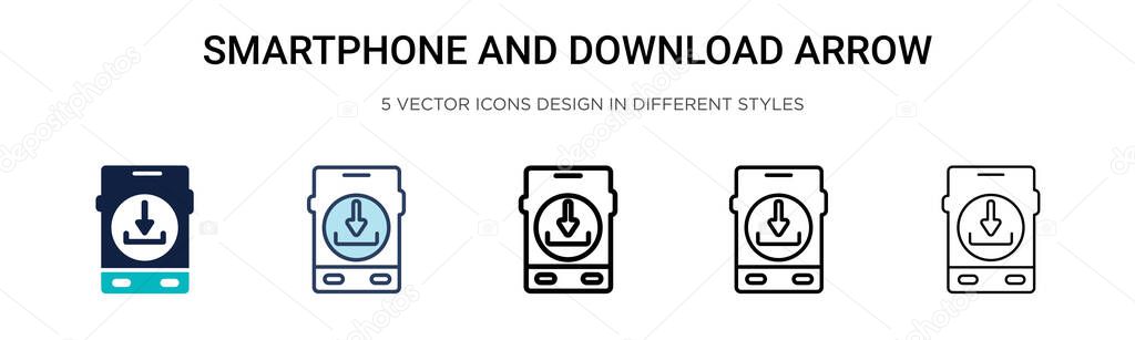 Smartphone and download arrow icon in filled, thin line, outline and stroke style. Vector illustration of two colored and black smartphone and download arrow vector icons designs can be used for
