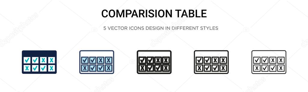 Comparision table icon in filled, thin line, outline and stroke style. Vector illustration of two colored and black comparision table vector icons designs can be used for mobile, ui, web