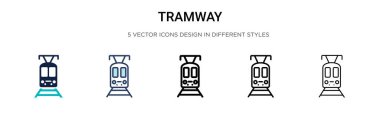 Tramvay ikonu dolu, ince çizgi, özet ve vuruş stili. Mobil, ui, web için iki renkli ve siyah tramvay vektör ikonu tasarımının vektör illüstrasyonu kullanılabilir