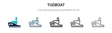 Tugboat icon in filled, thin line, outline and stroke style. Vector illustration of two colored and black tugboat vector icons designs can be used for mobile, ui, web clipart
