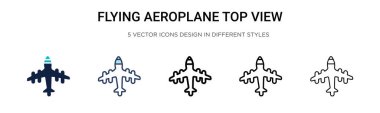 Uçan uçak üst görüş simgesi dolu, ince çizgi, özet ve vuruş stili. Mobil, ui, web için iki renkli ve siyah uçan uçak üst görünüm vektör ikonlarının vektör illüstrasyonu kullanılabilir