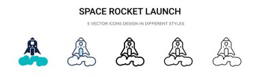 Uzay roketi fırlatma ikonu dolu, ince çizgi, özet ve vuruş stili. Mobil, ui, web için iki renkli ve siyah uzay roket fırlatma vektör simgesi tasarımı kullanılabilir