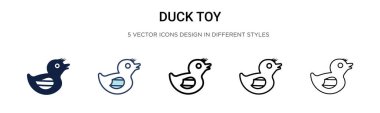 Ördek oyuncağı ikonu, ince çizgi, özet ve vuruş stili. Mobil, ui, web için iki renkli ve siyah ördek oyuncak vektör ikonu tasarımı vektör illüstrasyonu kullanılabilir