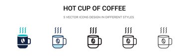 Sıcak kahve ikonu dolu, ince çizgi, özet ve vuruş stili. Mobil, ui, web için iki renkli ve siyah kahve vektör simgesi tasarımı vektör illüstrasyonu kullanılabilir