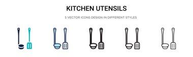 Mutfak gereçleri simgesi dolu, ince çizgi, ana hatlar ve vuruş stili. Mobil, ui, web için iki renkli ve siyah mutfak gereçleri vektör simgeleri tasarımı kullanılabilir