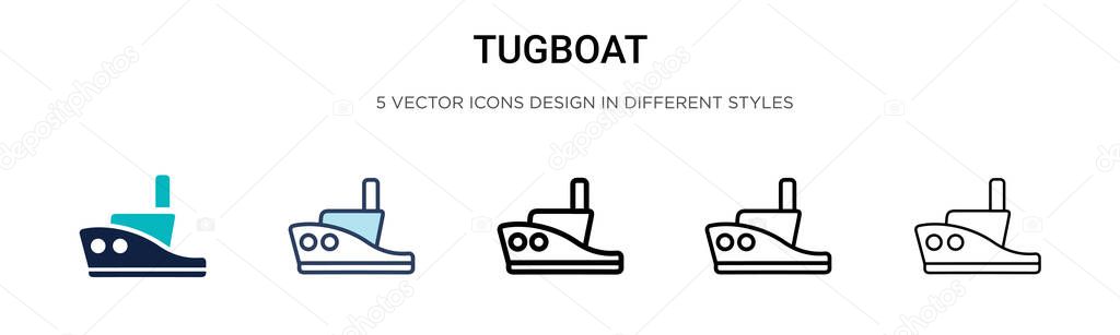 Tugboat icon in filled, thin line, outline and stroke style. Vector illustration of two colored and black tugboat vector icons designs can be used for mobile, ui, web