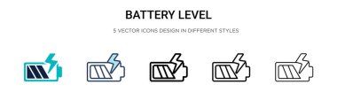 Batarya seviyesi simgesi dolu, ince çizgi, özet ve vuruş stili. Mobil, ui, web için iki renkli ve siyah pil düzeyi vektör simgesi tasarımı kullanılabilir