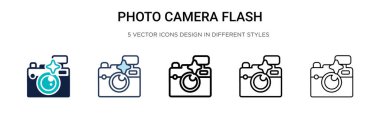 Fotoğraf makinesi flaş ikonu doldurulmuş, ince çizgi, özet ve vuruş stili. Mobil, ui, web için iki renkli ve siyah fotoğraf makinesi flaş vektör ikonu tasarımı vektör illüstrasyonu kullanılabilir