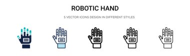 Robot el ikonu dolu, ince çizgi, özet ve vuruş stili. Mobil, ui, web için iki renkli ve siyah robotik el vektör ikonu tasarımı vektör illüstrasyonu kullanılabilir