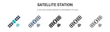 Uydu istasyonu simgesi doldurulmuş, ince çizgi, ana hatlar ve vuruş stili. Mobil, ui, web için iki renkli ve siyah uydu istasyonu vektör ikonu tasarımı vektör illüstrasyonu kullanılabilir