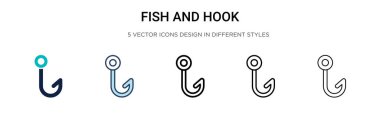Balık ve kanca ikonu dolu, ince çizgi, ana hatlar ve vuruş stili. Mobil, ui, web için iki renkli ve siyah balık ve kanca vektör ikonu tasarımı vektör illüstrasyonu kullanılabilir