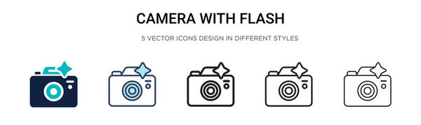 Camera with flash icon in filled, thin line, outline and stroke style. Vector illustration of two colored and black camera with flash vector icons designs can be used for mobile, ui, web