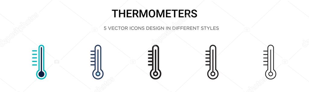 Thermometers icon in filled, thin line, outline and stroke style. Vector illustration of two colored and black thermometers vector icons designs can be used for mobile, ui, web