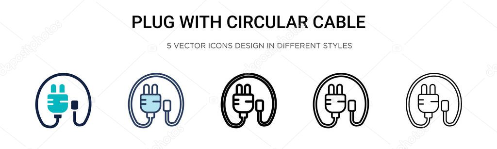 Plug with circular cable icon in filled, thin line, outline and stroke style. Vector illustration of two colored and black plug with circular cable vector icons designs can be used for mobile, ui, web