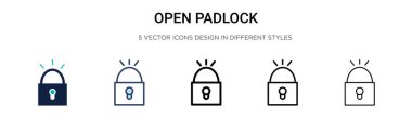 Kilit simgesini aç, ince çizgi, ana hatlar ve vuruş stili. Mobil, ui, web için iki renkli ve siyah asma kilit vektör ikonu tasarımı vektör illüstrasyonu kullanılabilir