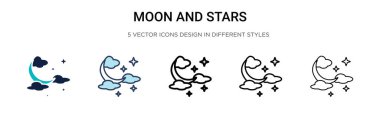 Ay ve yıldızlar dolunay şeklinde, ince çizgi halinde, ana hatlarıyla ve vuruş tarzıyla ikon oluştururlar. İki renkli ve kara ayın vektör illüstrasyonu ve yıldız vektör simgeleri mobil, ui, web için kullanılabilir