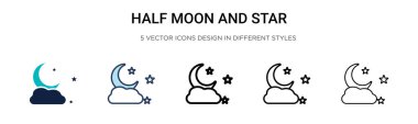 Yarım ay ve yıldız ikonu dolunay halinde, ince çizgi, ana hatlar ve vuruş stili. Mobil, ui, web için iki renkli ve siyah yarım ayın vektör çizimi ve yıldız vektör simgeleri kullanılabilir