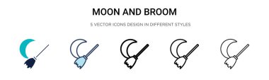 Ay ve süpürge ikonu. İnce çizgi, özet ve vuruş stili. Mobil, ui, web için iki renkli ve siyah ay ve süpürge vektör ikonu tasarımı vektör illüstrasyonu kullanılabilir
