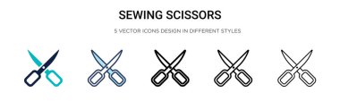 Makas simgesi dikiyorum. Doymuş, ince çizgi, dış hatlar ve vuruş stili. Mobil, ui, web için iki renkli ve siyah dikiş makas vektör ikonu tasarımı vektör illüstrasyonu kullanılabilir