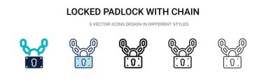 Kilitli asma kilit, zincir simgesi ile dolu, ince çizgi, taslak ve vuruş stili. İki renkli ve siyah kilitli asma kilidin vektör çizimi ve zincir vektör simgeleri mobil, ui, web için kullanılabilir
