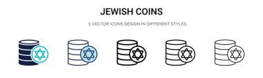 Yahudi madeni para ikonu, ince çizgi, özet ve vuruş stili. İki renkli ve siyah Yahudi sikkelerinin vektör illüstrasyonu vektör simgeleri mobil, ui, web için kullanılabilir