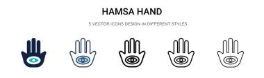 Hamsa el ikonu dolu, ince çizgi, özet ve vuruş tarzı. Mobil, ui, web için iki renkli ve siyah hamsa el vektör simgesi tasarımı vektör illüstrasyonu kullanılabilir