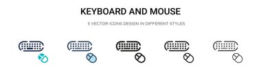 Klavye ve fare simgesi dolu, ince çizgi, özet ve çizgi şeklinde. Mobil, ui, web için iki renkli ve siyah klavye ve fare vektör simgelerinin vektör çizimi kullanılabilir