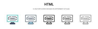 Html simgesi dolu, ince çizgi, özet ve vuruş stili. Mobil, ui, web için iki renkli ve siyah html vektör simgesinin vektör çizimi kullanılabilir