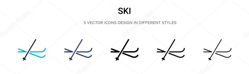 Ski icon in filled, thin line, outline and stroke style. Vector illustration of two colored and black ski vector icons designs can be used for mobile, ui, web