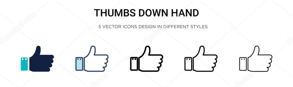 Thumbs down hand icon in filled, thin line, outline and stroke style. Vector illustration of two colored and black thumbs down hand vector icons designs can be used for mobile, ui, web