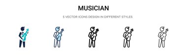 Müzisyen ikonu dolu, ince çizgi, taslak ve vuruş stili. Mobil, ui, web için iki renkli ve siyah müzisyen vektör ikonu tasarımı vektör illüstrasyonu kullanılabilir