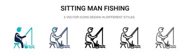 Oturan adam balık tutma ikonu dolu, ince çizgi, ana hatlar ve vuruş stili. İki renkli ve siyah oturanın vektör illüstrasyonu balıkçılık vektör ikonu tasarımları mobil, ui, web için kullanılabilir