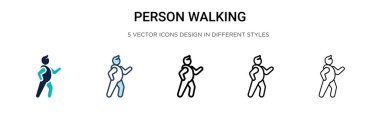 Dolu, ince çizgi halinde yürüyen kişi taslak ve vuruş stili. Yürüyen iki renkli ve siyah vektör ikonu tasarımının vektör illüstrasyonu mobil, ui, web için kullanılabilir