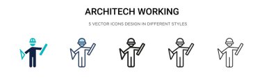 Architech tam, ince çizgi, özet ve vuruş tarzında çalışıyor. Mobil, ui, web için iki renkli ve siyah mimar çalışma vektör simgesi tasarımı vektör illüstrasyonu kullanılabilir