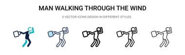Rüzgâr ikonunda yürüyen adam ince çizgi halinde, ana hatlarıyla ve vuruş stiliyle. Rüzgâr vektör simgelerinde yürüyen iki renkli ve siyah adamın vektör çizimi