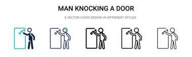 Adam bir kapı ikonuna vuruyor, ince bir çizgi, dış hatlar ve vuruş stili. Bir kapı vektör simgesine çarpan iki siyah ve renkli adamın vektör illüstrasyonu mobil, ui, web için kullanılabilir