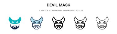 Şeytan maskesi simgesi dolu, ince çizgi, dış hatlar ve vuruş stili. Mobil, ui, web için iki renkli ve siyah şeytan maskeli vektör ikonu tasarımı vektör illüstrasyonu kullanılabilir
