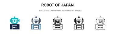 Japon ikonunun doldurulmuş, ince çizgili, ana hatlı ve vuruş stili robotu. Japonya vektör simgelerinin iki renkli ve siyah robotunun vektör illüstrasyonu mobil, ui, web için kullanılabilir