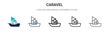 Caravel simgesi doldurulmuş, ince çizgi, ana hatlar ve vuruş stili. Mobil, ui, web için iki renkli ve siyah caravel vektör ikonu tasarımı vektör illüstrasyonu kullanılabilir