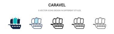 Caravel simgesi doldurulmuş, ince çizgi, ana hatlar ve vuruş stili. Mobil, ui, web için iki renkli ve siyah caravel vektör ikonu tasarımı vektör illüstrasyonu kullanılabilir