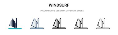Rüzgâr sörfü simgesi dolu, ince çizgi, özet ve vuruş stili. Mobil, ui, web için iki renkli ve siyah rüzgar sörfü vektör simgesi tasarımı kullanılabilir