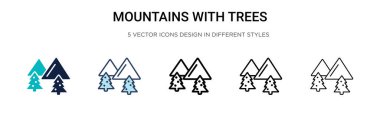 Ağaç ikonlu dağlar, ince çizgi, dış hat ve vuruş stili. İki renkli ve siyah dağın vektör illüstrasyonu ve ağaç vektör simgeleri mobil, ui, web için kullanılabilir