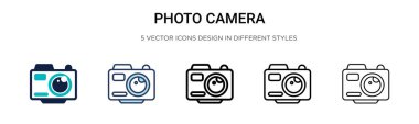 Fotoğraf makinesi işaret simgesi doldurulmuş, ince çizgi, özet ve vuruş stili. Mobil, ui, web için iki renkli ve siyah fotoğraf makinesi işaret simgesi tasarımı vektör illüstrasyonu kullanılabilir