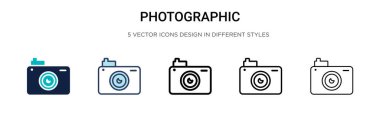 Dolu, ince çizgi, özet ve vuruş tarzında fotoğraf ikonu. Mobil, ui, web için iki renkli ve siyah fotoğraf vektör ikonu tasarımının vektör illüstrasyonu kullanılabilir