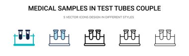 Test tüplerindeki tıbbi örnekler çift simgesi olarak doldurulmuş, ince çizgi halinde, ana hatları ve vuruş stili. Test tüplerindeki iki renkli ve siyah tıbbi numunenin vektör illüstrasyonuName