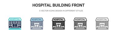 Hastane binasının ön simgesi dolu, ince çizgi, özet ve vuruş stili. Mobil, ui, web için iki renkli ve siyah hastane binası ön vektör simgeleri tasarımı vektör illüstrasyonu kullanılabilir