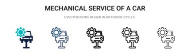 Bir araba ikonunun mekanik servisi. İnce çizgi, taslak ve çizgi şeklinde. Bir araba vektör simgelerinin iki renkli ve siyah mekanik servisinin vektör illüstrasyonu mobil tasarım için kullanılabilir,