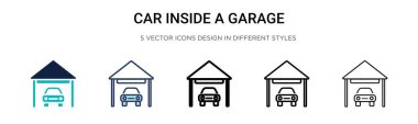Garaj ikonunun içindeki araba ince çizgi halinde, ana hatlarıyla ve vuruş stiliyle. Bir garaj vektör simgeleri içinde iki renkli ve siyah arabanın vektör illüstrasyonu mobil, ui, web için kullanılabilir